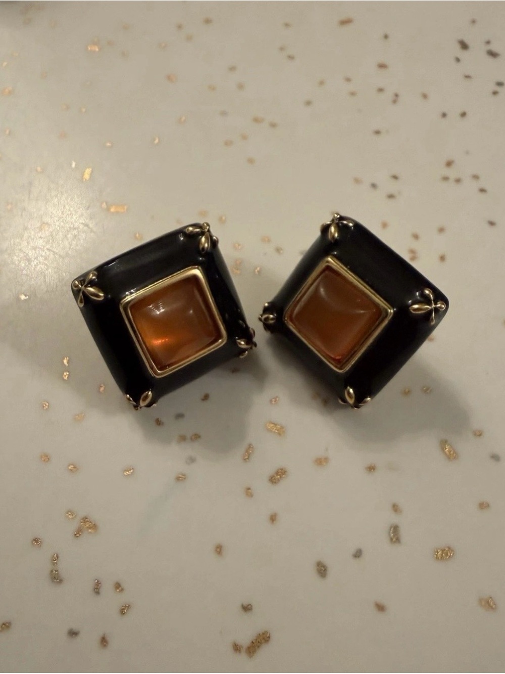 Vintage Joan Rivers Black Diamond Shape Stud Earrings with Amber/Topaz Centers